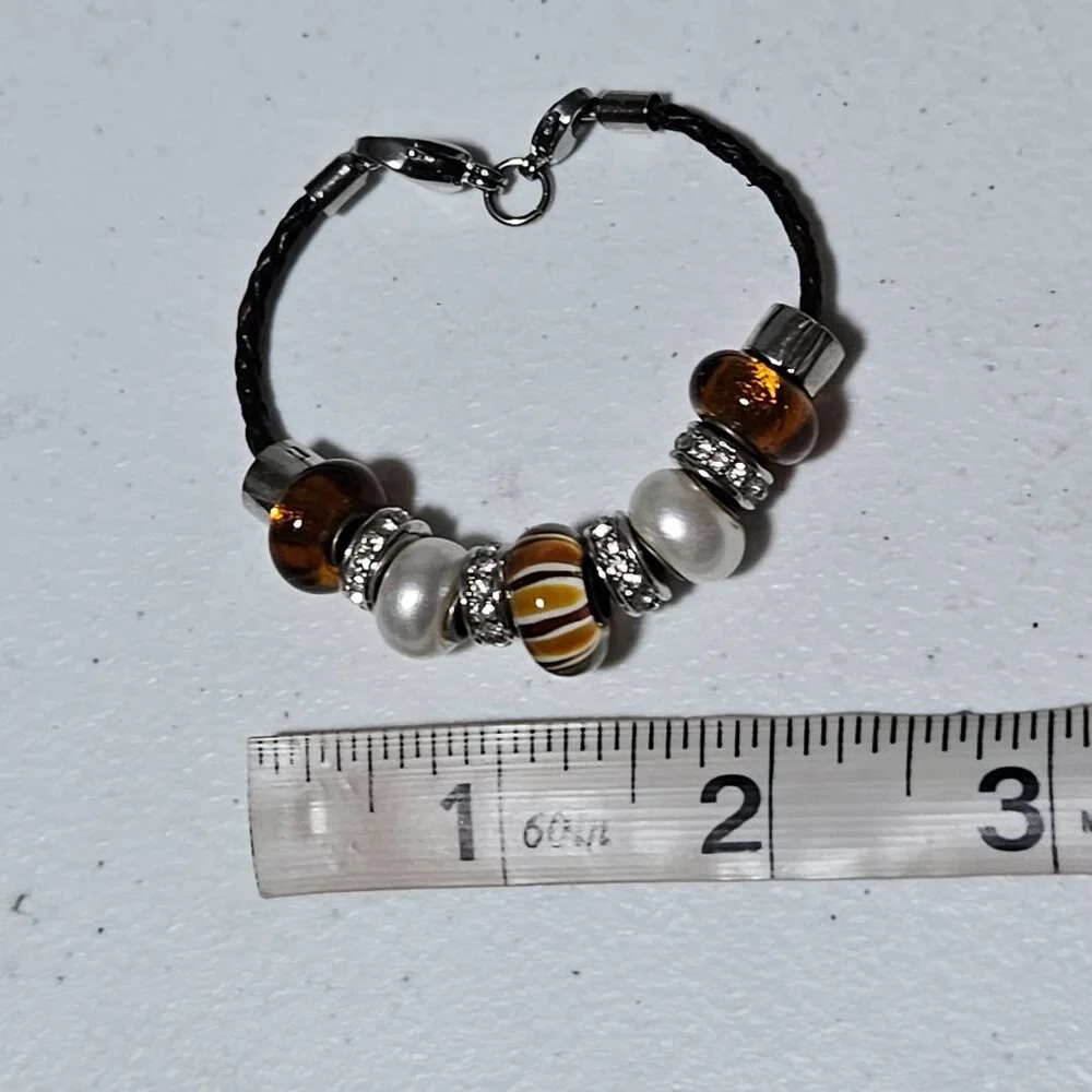 Elegant Brown White Beaded Bracelet Rhinestone Accents Boho Fashion Jewelry